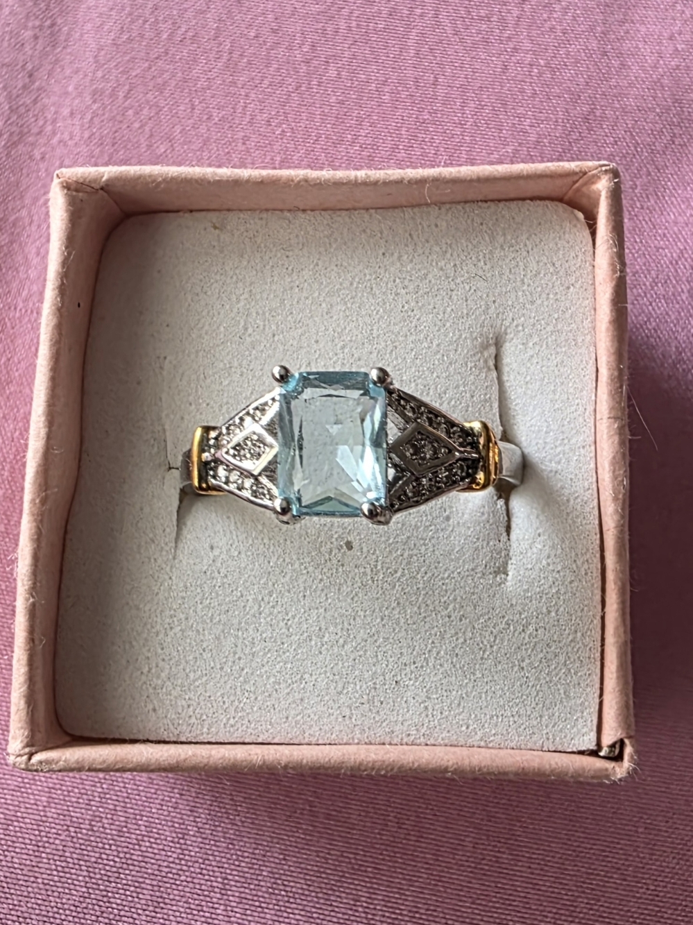 Blue Topaz Art Deco Style Statement Ring - 925 Silver & Gold Tones